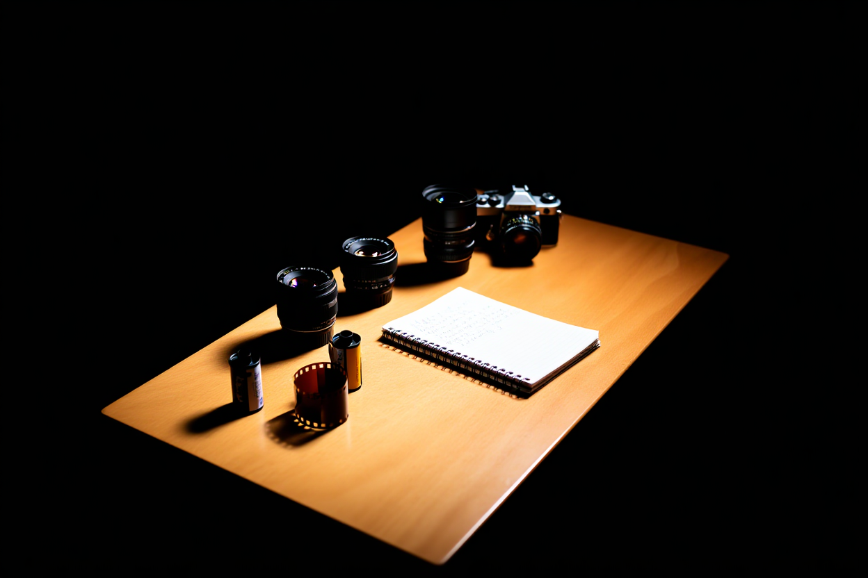 a tidy wooden desk with scattered vintage camera lenses, rolls of film, and a notepad with handwritten notes in soft mor