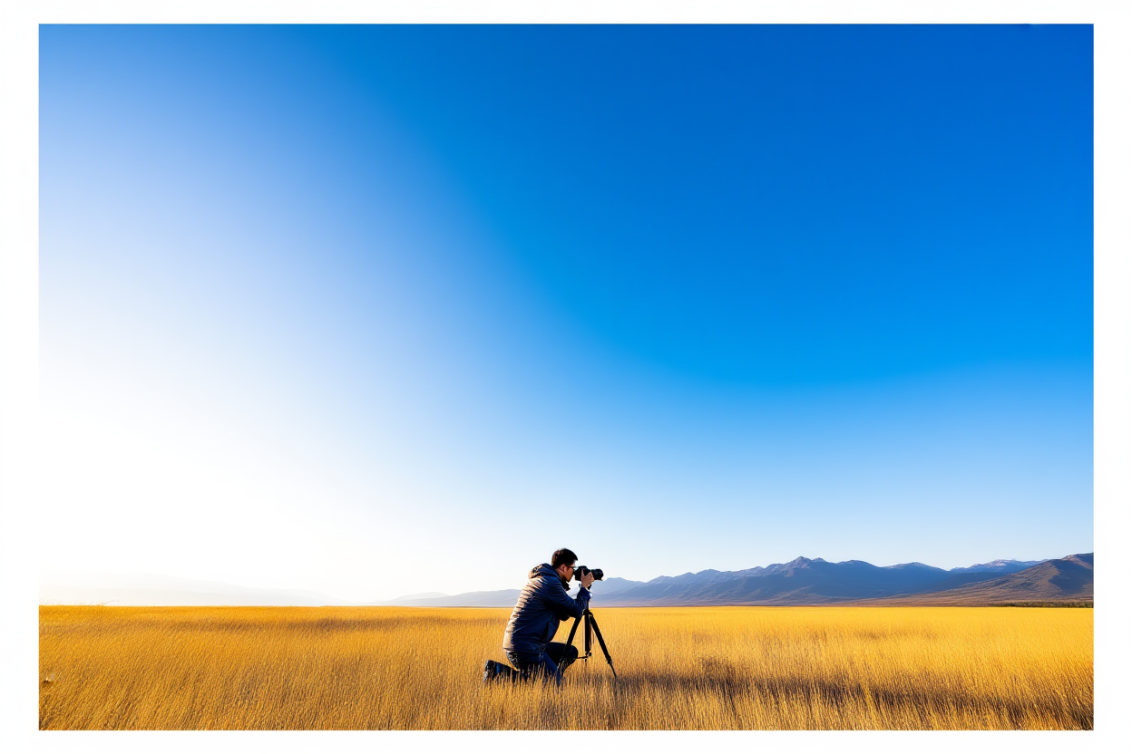 a photographer kneeling in tall golden grass at sunrise adjusting a DSLR on a tripod with distant mountains