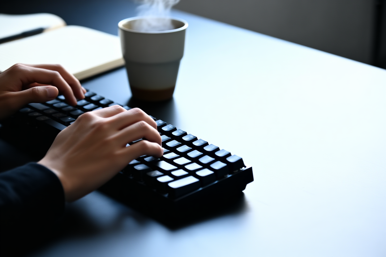 a close-up of hands typing on a mechanical keyboard next to a steaming cup of coffee and a notebook