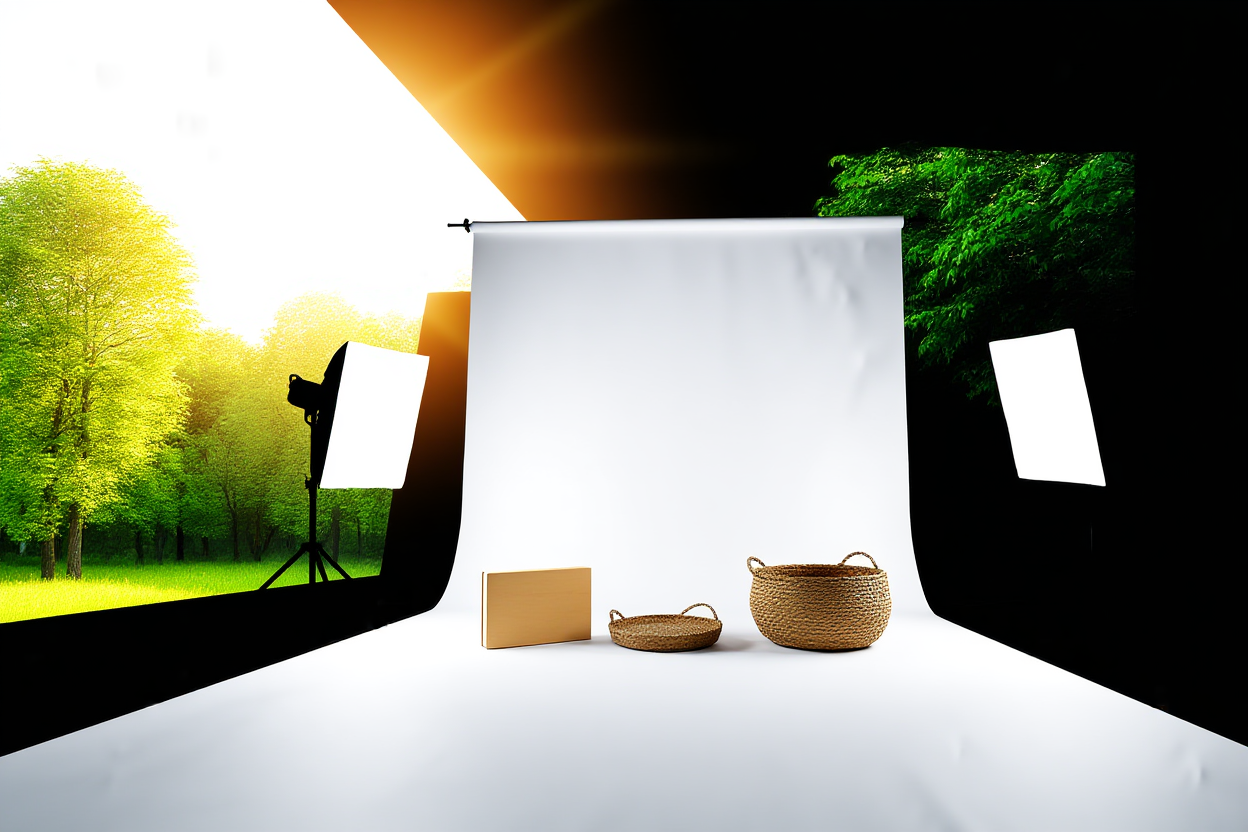 a wide shot of a modern photography studio with softboxes lighting up a clean white backdrop and props arranged neatly