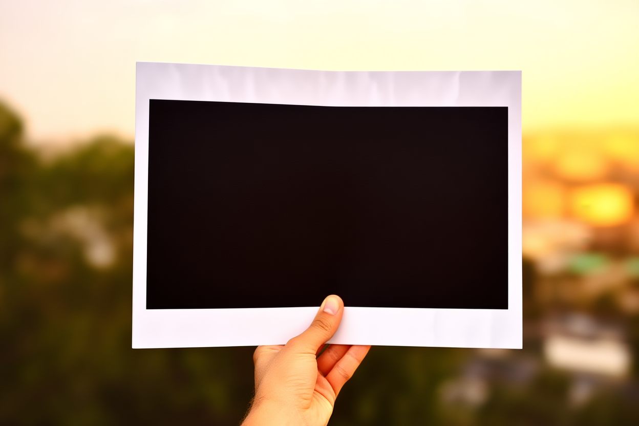 a hand holding a smartphone displaying a photo gallery with blurred city lights in the background
