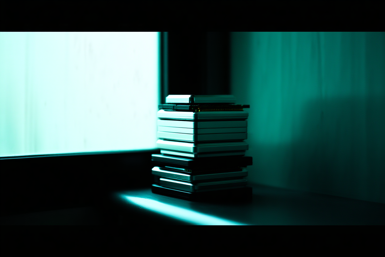 a stack of neatly organized hard drives and memory cards on a shelf with labels visible