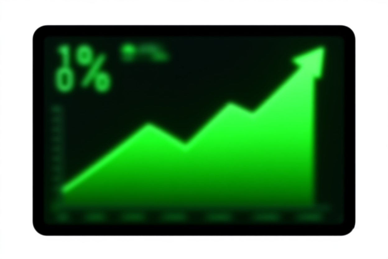 ein digitales Tablet, das ein Dashboard mit grünen aufwärts gerichteten Trendgrafiken und Prozentanzeigen anzeigt