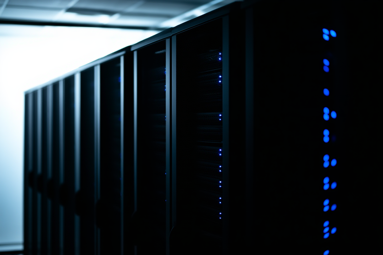ein Server-Rack mit blinkenden blauen LED-Leuchten in einem düster beleuchteten Rechenzentrum, das hohe Volumenverarbeitung darstellt