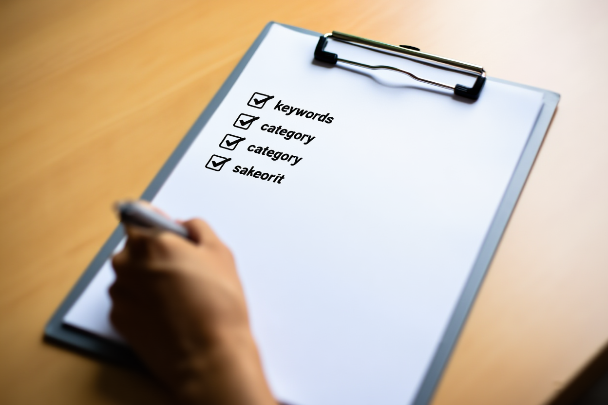 eine Checkliste mit Häkchen neben Elementen wie „Keywords“ und „Kategorie“ auf einem Clipboard, gehalten von einer Hand