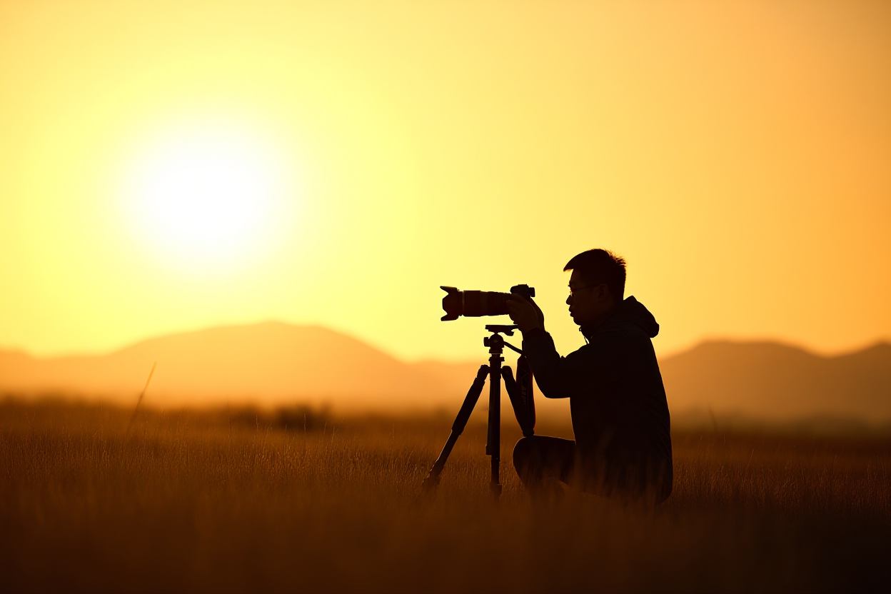 A photographer kneeling in tall golden grass at sunrise adjusting a DSLR on a tripod, distant mountains, warm backlight,