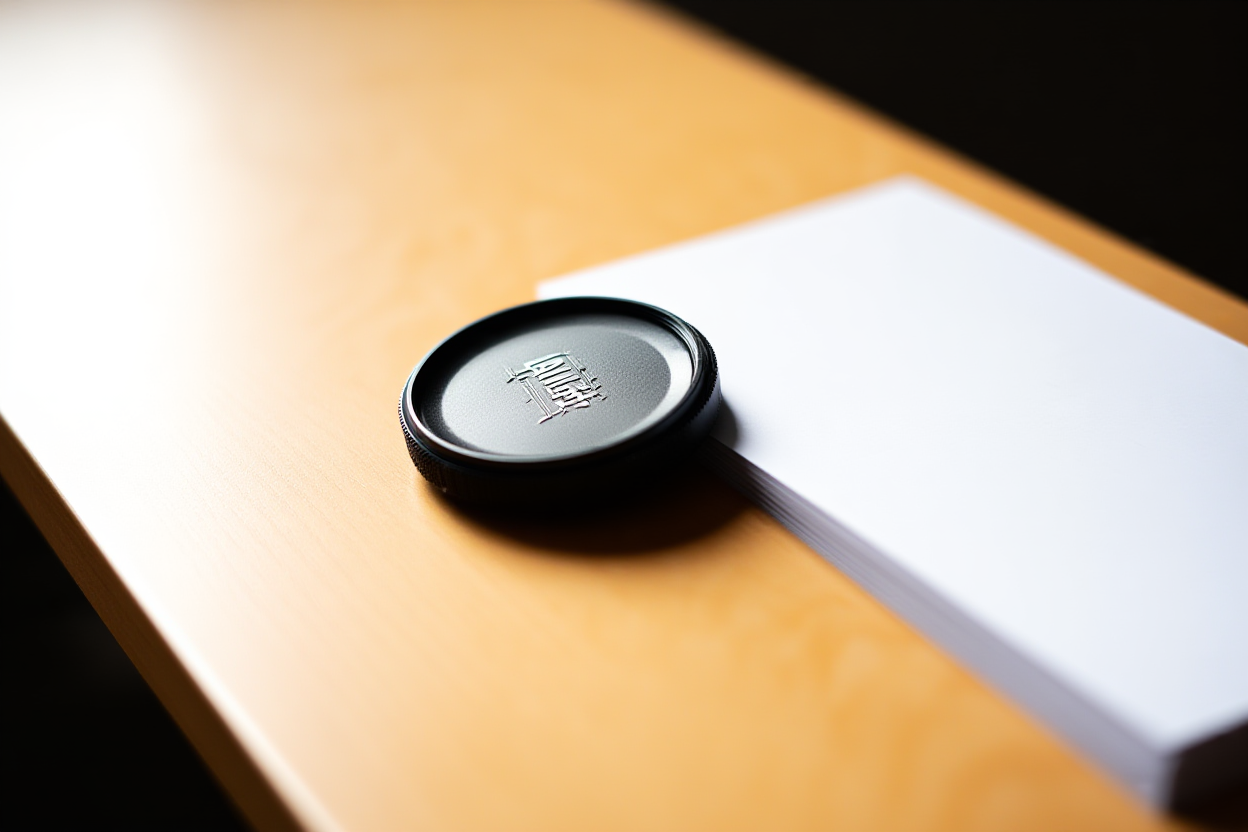 A tidy wooden desk surface displaying a vintage film camera lens cap next to a stack of printed photo proofs, soft natur