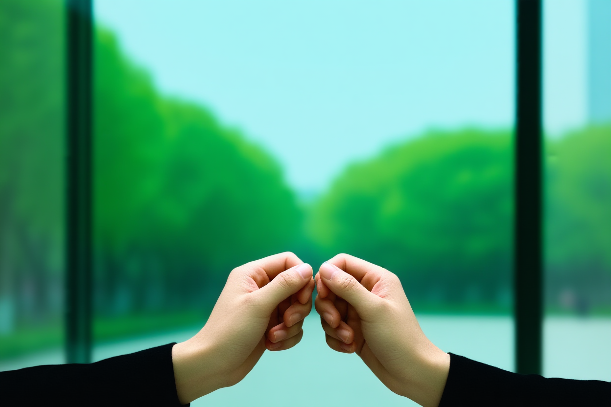 A pair of hands holding a modern tablet outdoors in a park with blurred green trees in the background showing a landscap