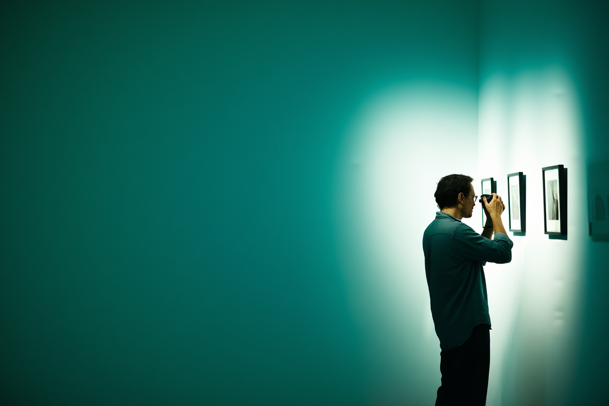 A photographer in a casual shirt standing next to a large white wall with several framed prints hanging on it, examining