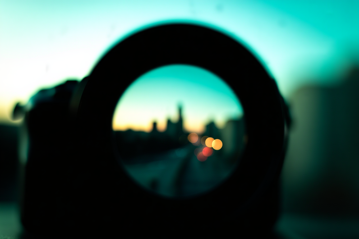 A close-up of a camera lens reflecting a city skyline with bokeh lights in the background on an urban street at dusk