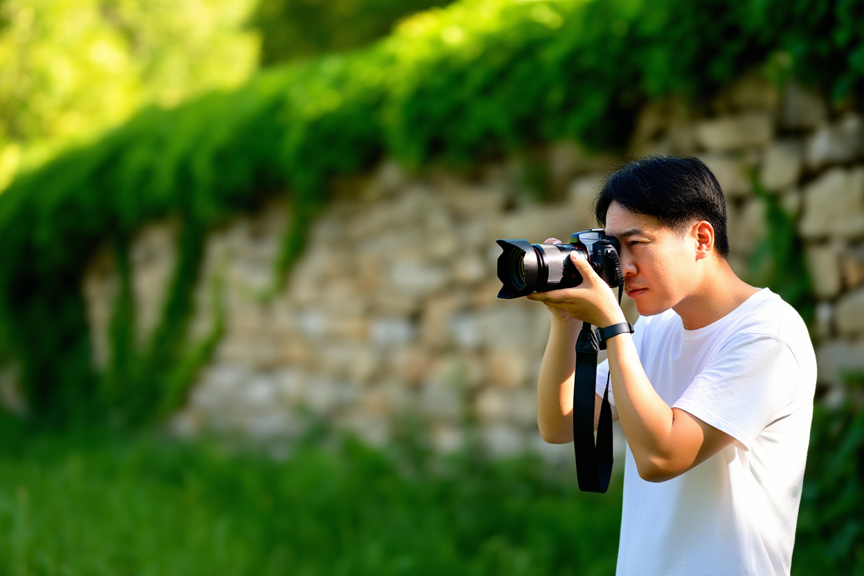 A photographer holding a camera with both hands looking through the viewfinder while standing near a rustic stone wall c