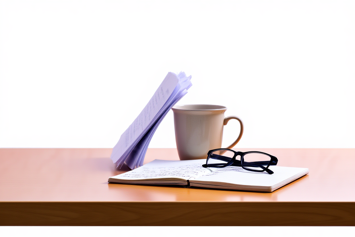 A tidy workspace featuring a wooden desk with a stack of printed photo prints leaning against a ceramic mug and a pair o