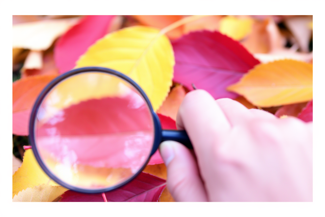A close-up of a hand holding a magnifying glass over a vibrant photograph of colorful autumn leaves on the ground, highl
