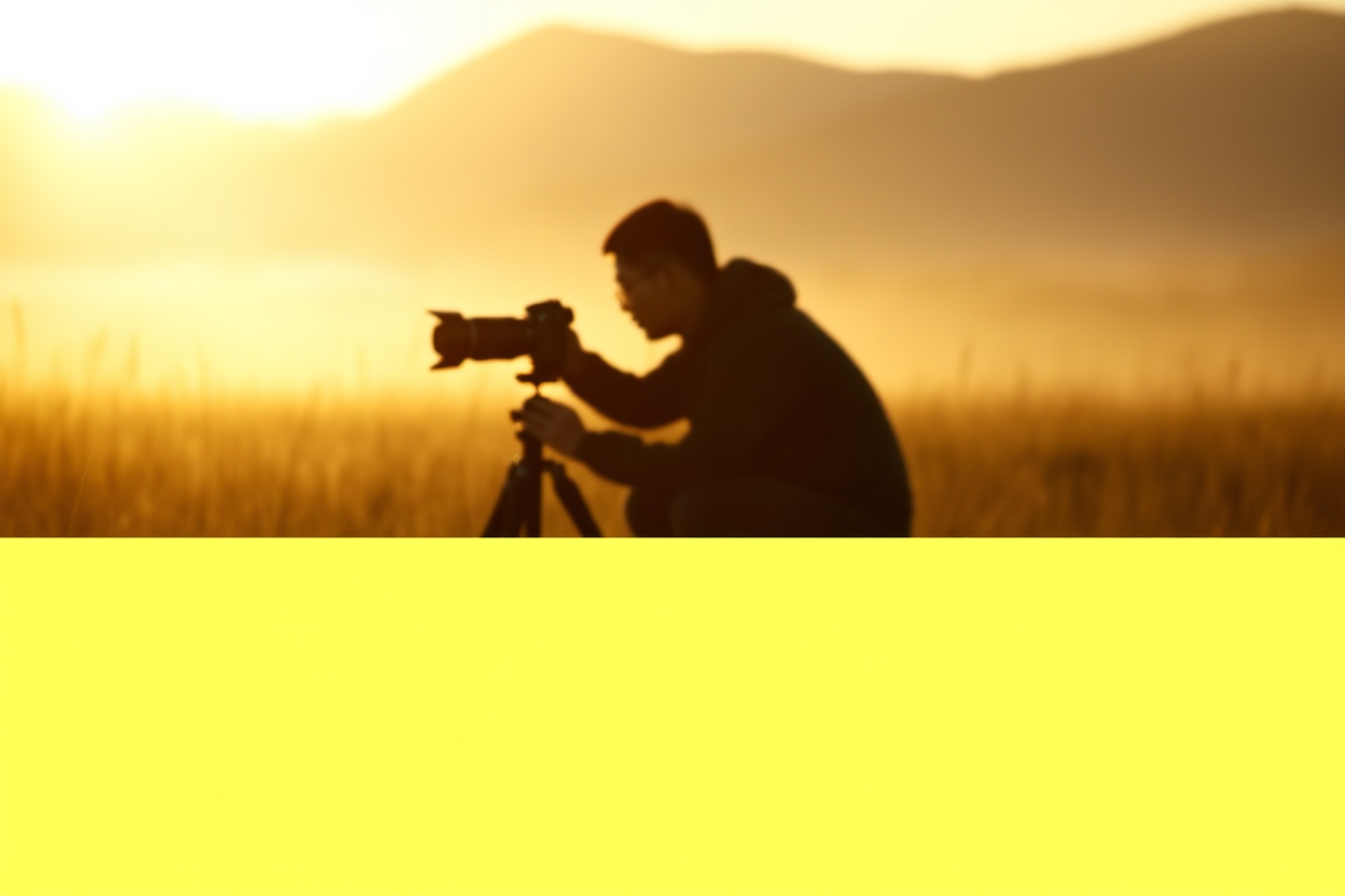 A photographer kneeling in tall golden grass at sunrise adjusting a DSLR on a tripod with distant mountains visible in t