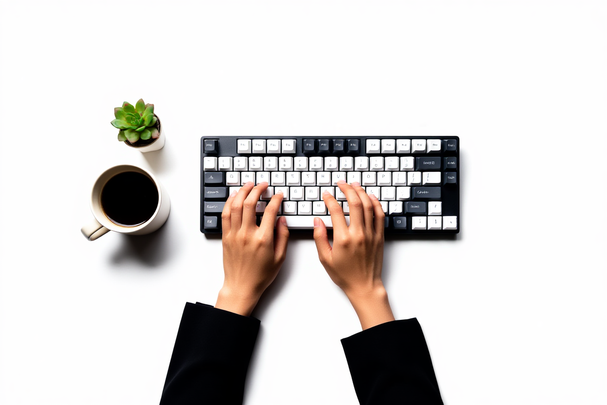 A pair of hands typing on a sleek mechanical keyboard with a cup of coffee and a small potted succulent plant nearby on