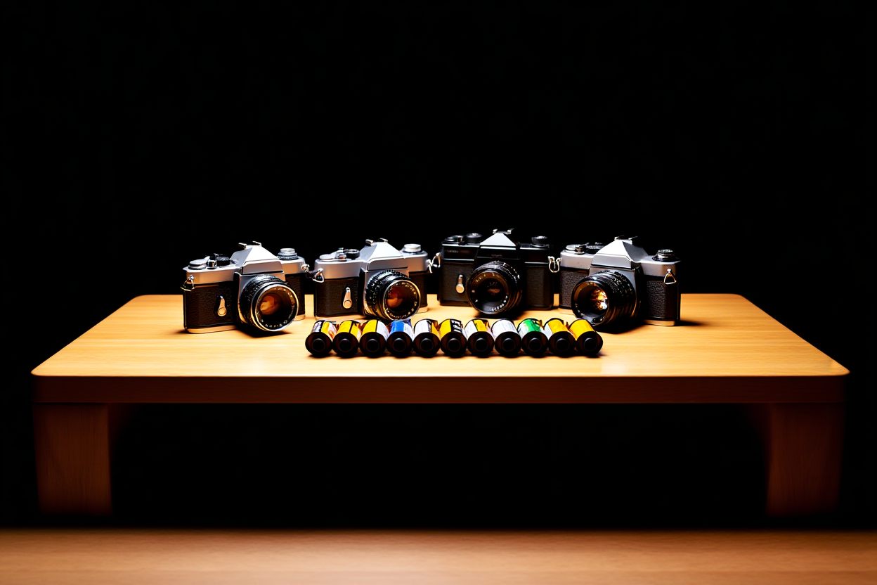 A wooden table displaying an organized collection of vintage film cameras and rolls of color photo film arranged neatly