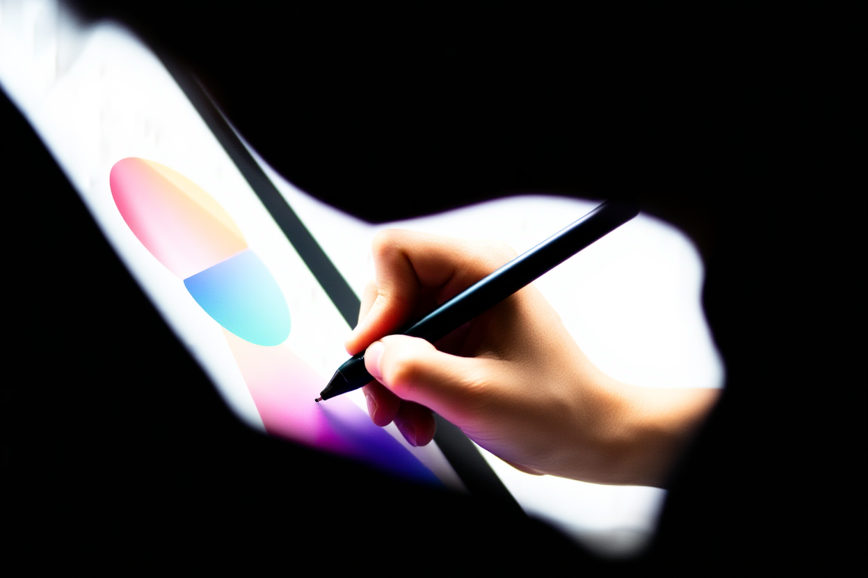 A close-up shot of a hand holding a stylus pen writing on a digital tablet with colorful abstract shapes and lines visib