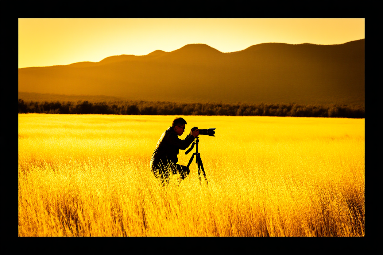 Ein Fotograf kniet im hohen goldenen Gras bei Sonnenaufgang und justiert eine DSLR auf einem Stativ, wobei in der Ferne Berge sichtbar sind