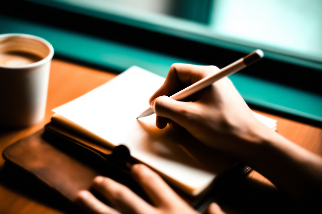 Eine Nahaufnahme einer Hand, die einen Stift hält und Notizen in einem ledergebundenen Tagebuch schreibt, mit einer Kaffeetasse in der Nähe