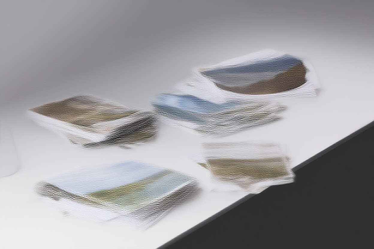 Ein aufgeräumter Arbeitsplatz mit Stapeln gedruckter Fotografien auf einem weißen Schreibtisch neben einem modernen Desktop-Monitor, der\