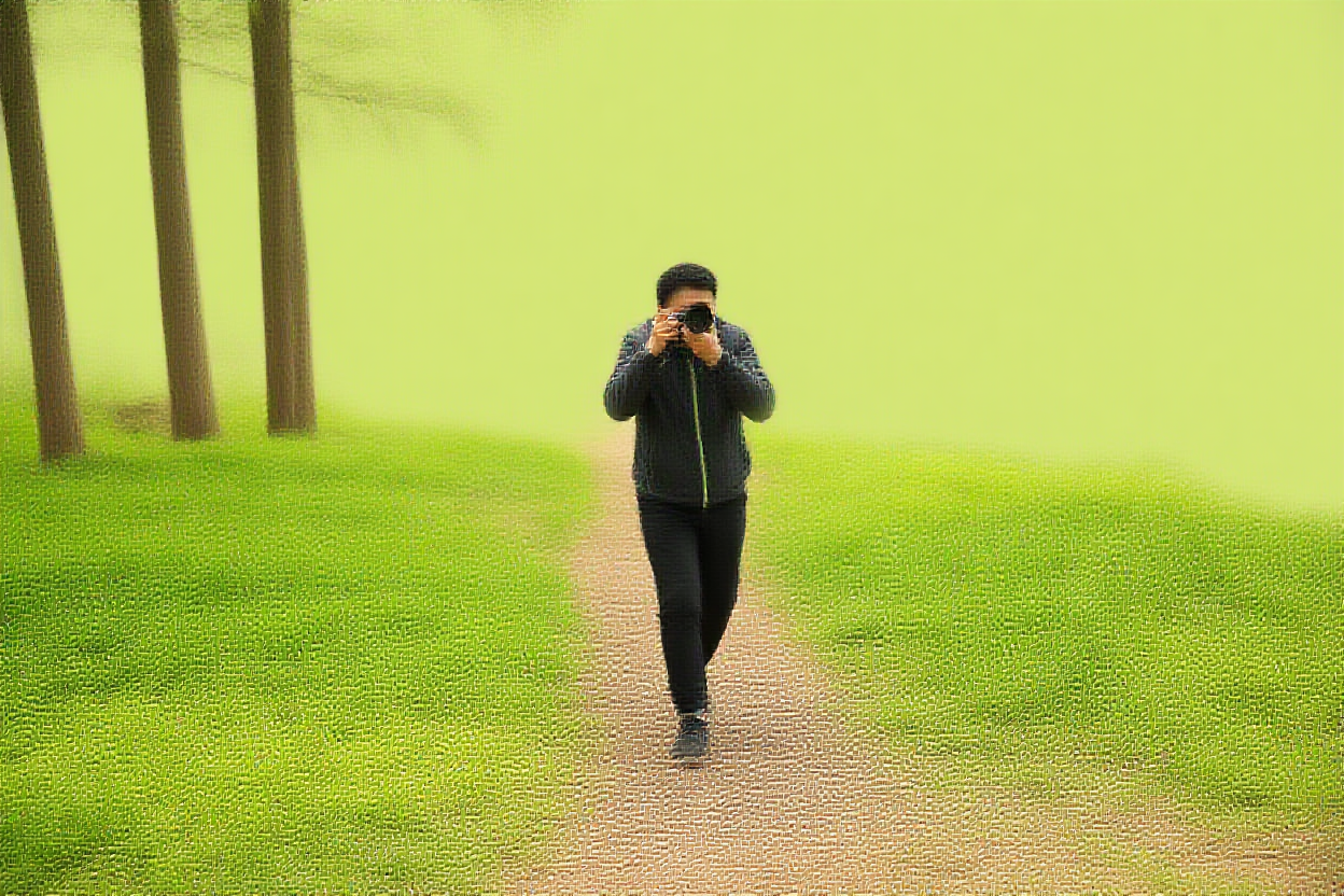 Ein Fotograf hält einen Kameragurt, während er durch einen sonnendurchfluteten Waldpfad geht\