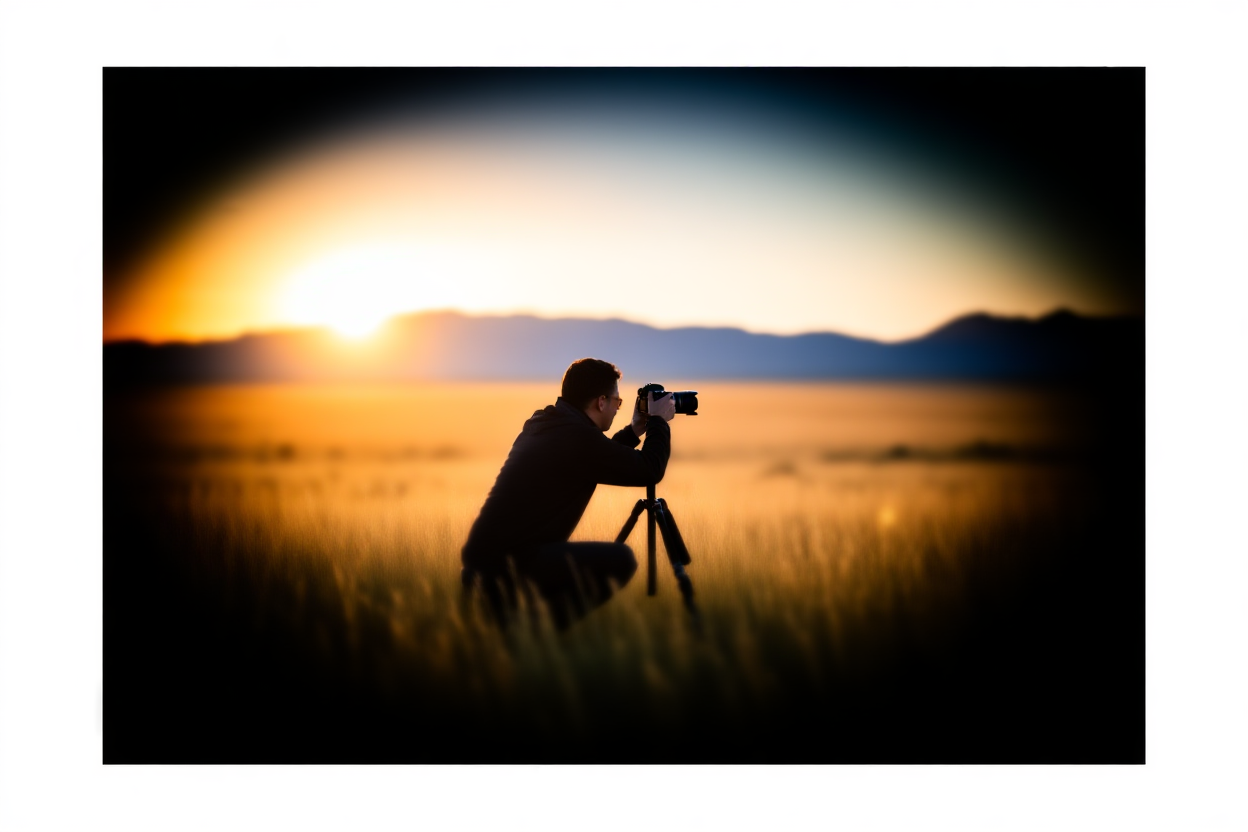 um fotógrafo profissional ajoelhado na grama dourada alta ao nascer do sol ajustando uma câmera DSLR montada em um tripé robusto 