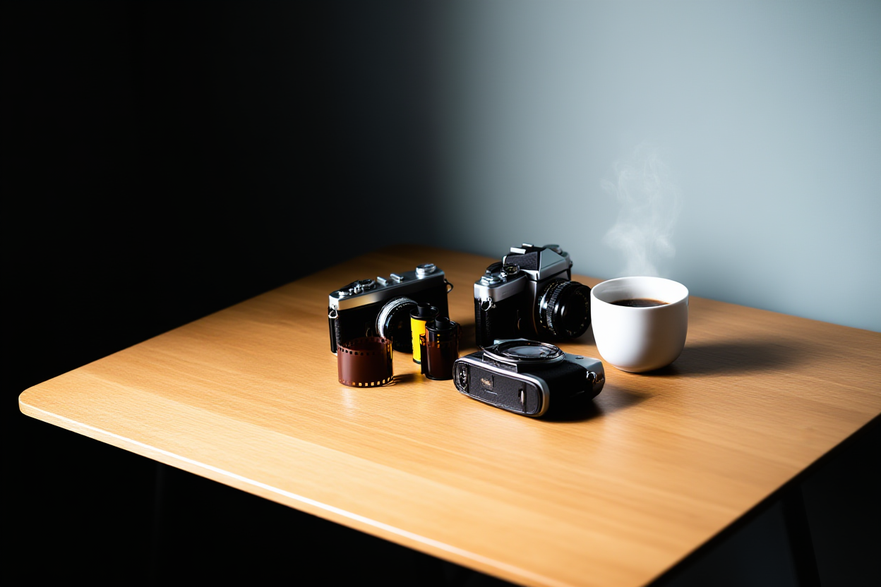 uma mesa de madeira organizada com câmeras vintage espalhadas e rolos de filme ao lado de uma xícara fumegante de café
