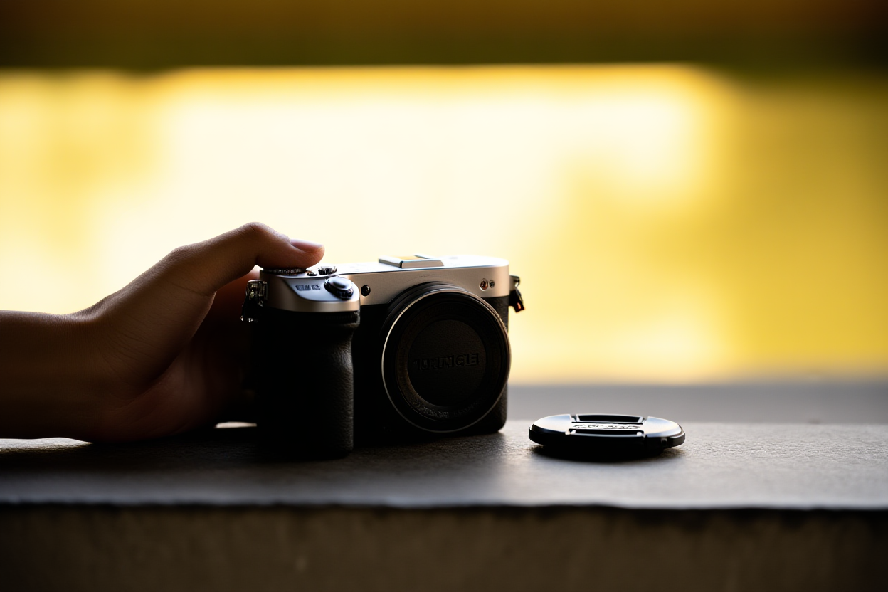 a mão de um fotógrafo segurando uma câmera mirrorless moderna com a tampa da lente por perto em uma superfície de pedra texturizada