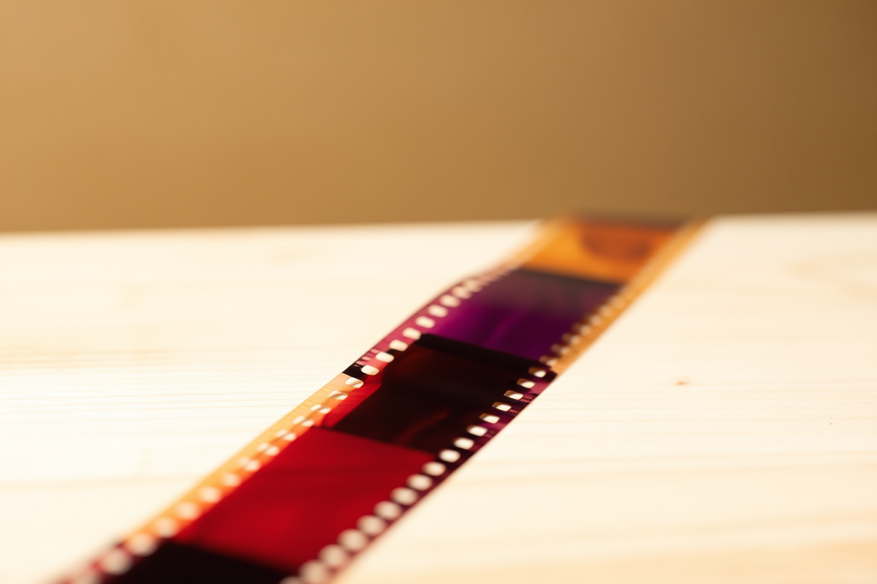 um close-up de tiras coloridas de filme dispostas em uma mesa rústica de madeira com iluminação natural suave