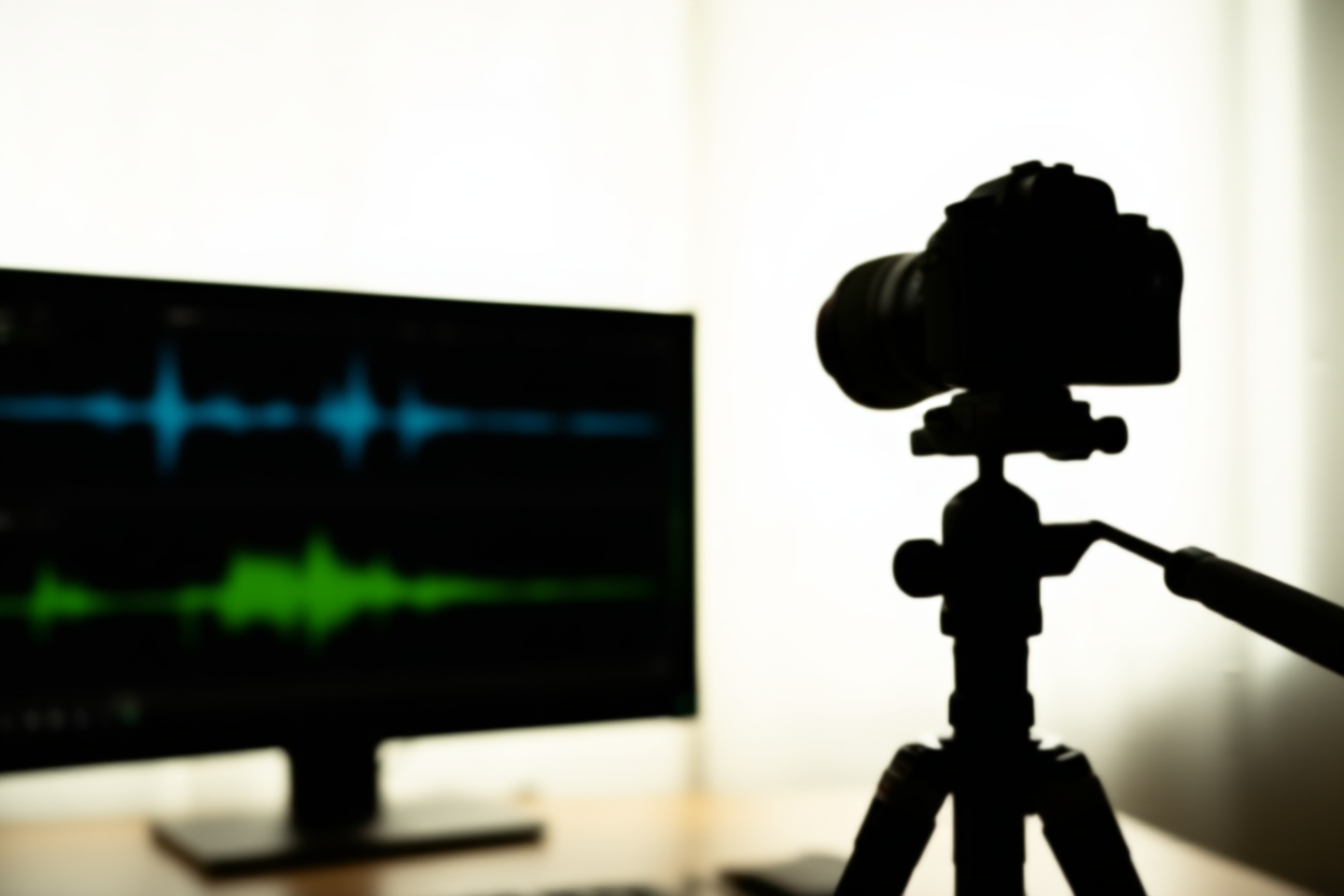 a 4K video camera on a tripod next to a monitor displaying waveform graphs, soft studio lighting, wide landscape shot
