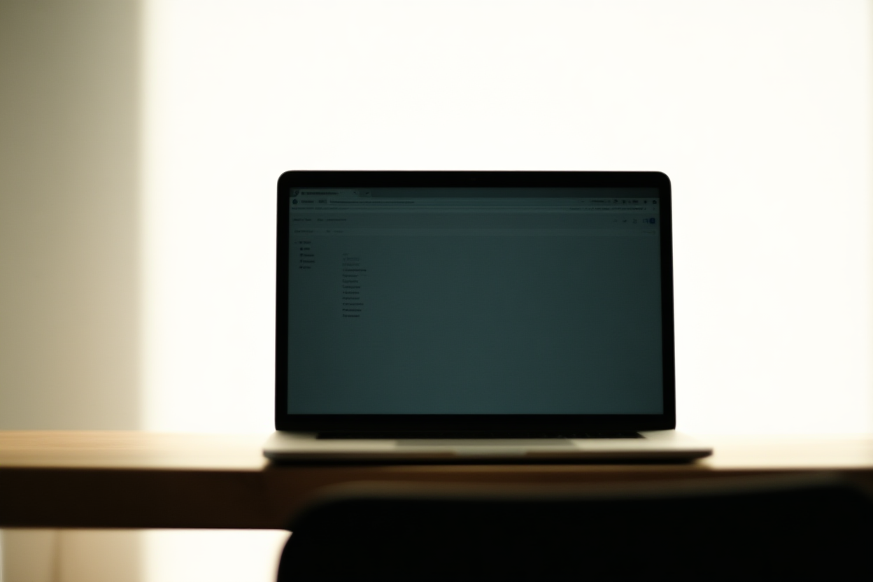 a close-up of a laptop screen showing a list of search terms on a wooden desk, soft daylight, wide landscape shot