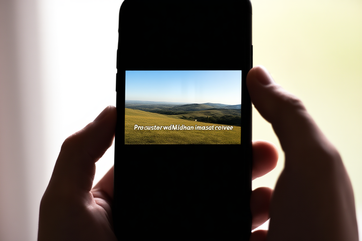 a hand holding a smartphone displaying a video thumbnail with text overlay, soft natural light, wide landscape shot