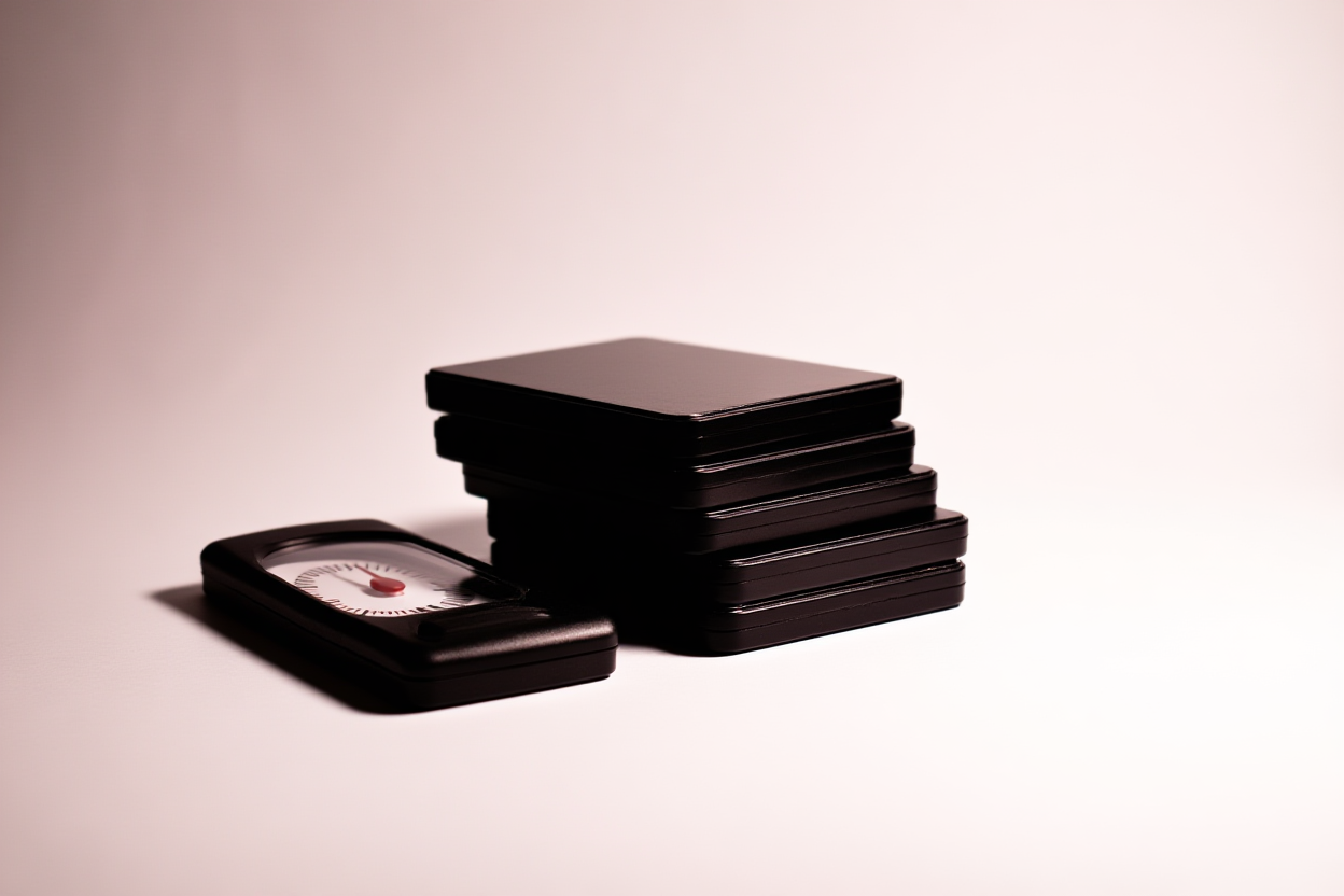 a stack of video hard drives next to a speedometer gauge, soft studio lighting, wide landscape shot