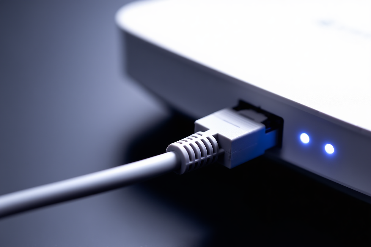 a network cable plugged into a router with glowing connection indicators, soft blue lighting, wide landscape shot