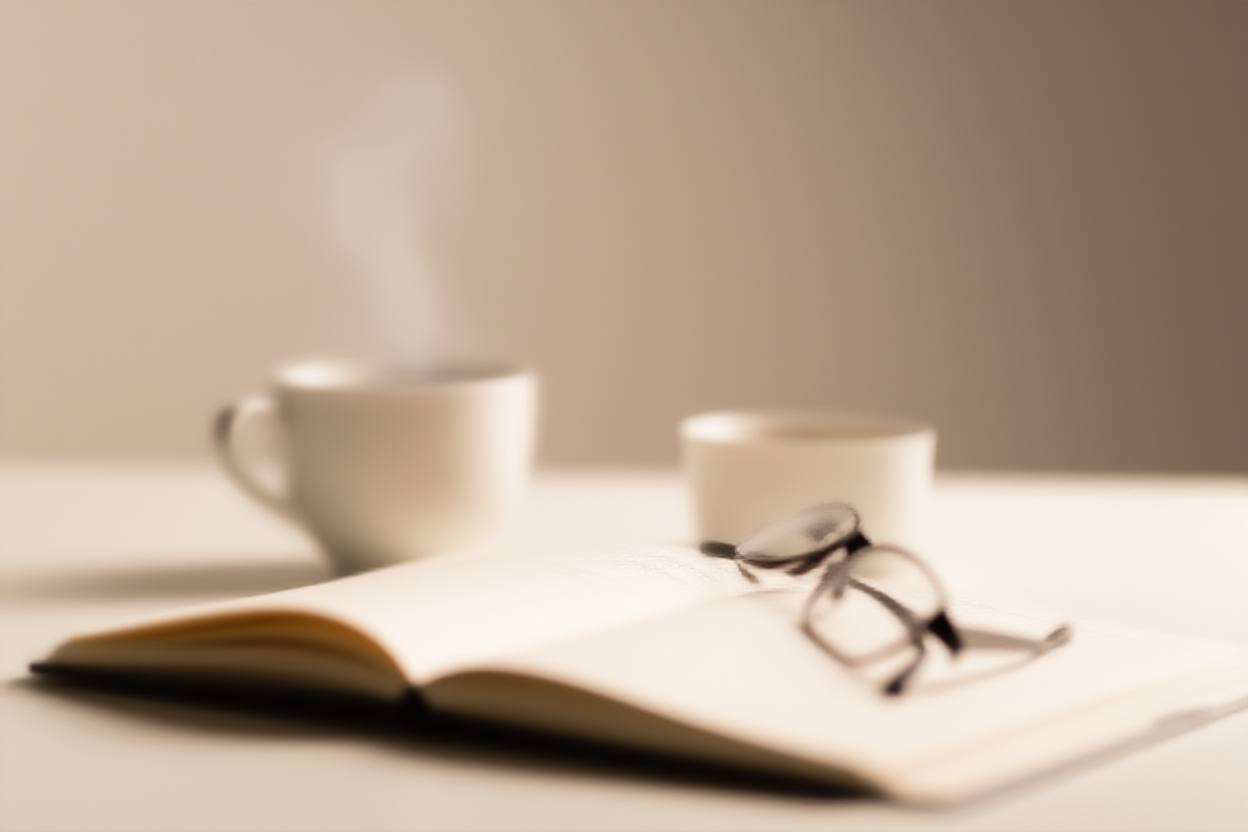 Ein aufgeräumter Heimbüro-Schreibtisch mit dampfender Kaffeetasse, einem offenen Notizbuch mit handschriftlichen Notizen und einer Brille
