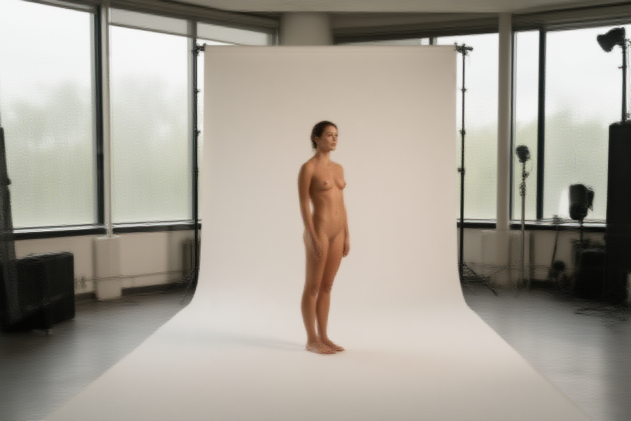 Eine Weitwinkelaufnahme eines modernen Fotostudios mit großen Fenstern, die einen Hintergrundständer und verschiedene Beleuchtungsgeräte zeigt