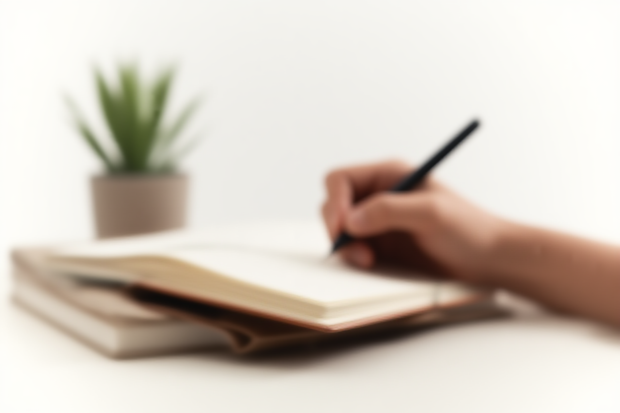 Eine Nahaufnahme einer Hand, die einen Stift hält und Notizen in ein ledergebundenes Tagebuch schreibt, das auf einem Stapel alter Bücher neben dem Fenster liegt
