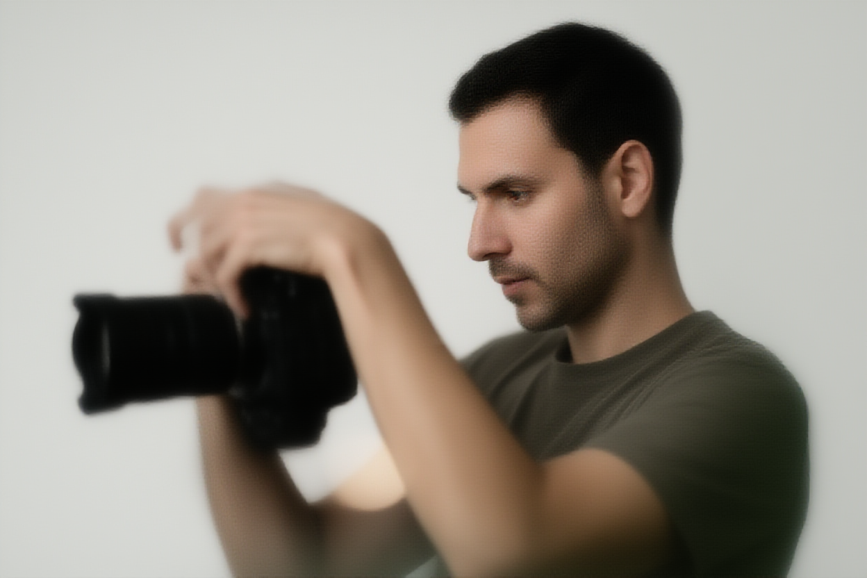 Ein professioneller Videograf justiert den Fokusring an einem Kinobjektiv, das an einer Kameragehäuse befestigt ist, mit weichem Bokeh-Licht im Hintergrund