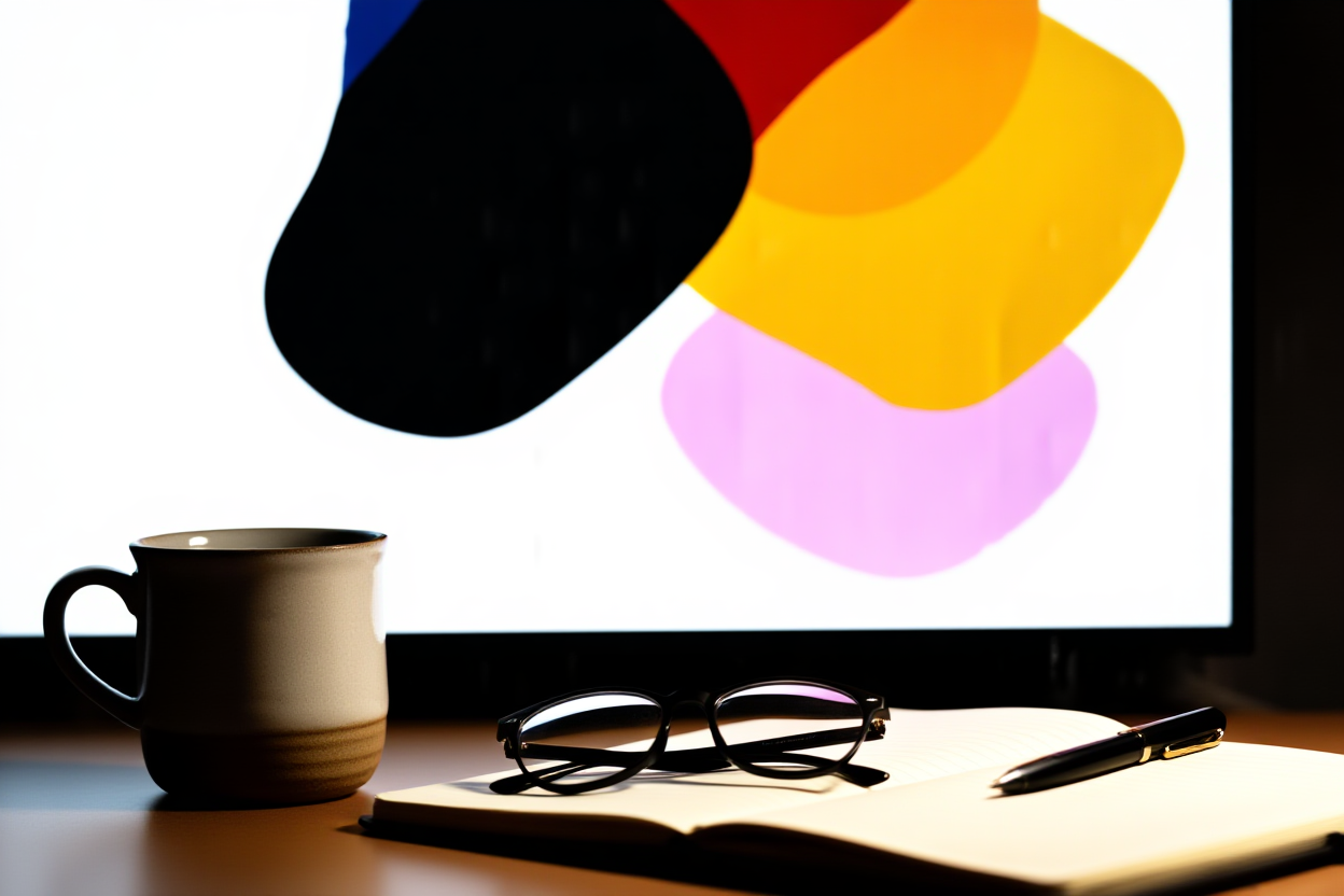 Ein aufgeräumtes Homeoffice-Arbeitsplatz mit einem schlanken Desktop-Monitor, der farbenfrohe abstrakte Kunstdrucke neben anderen Gegenständen zeigt.