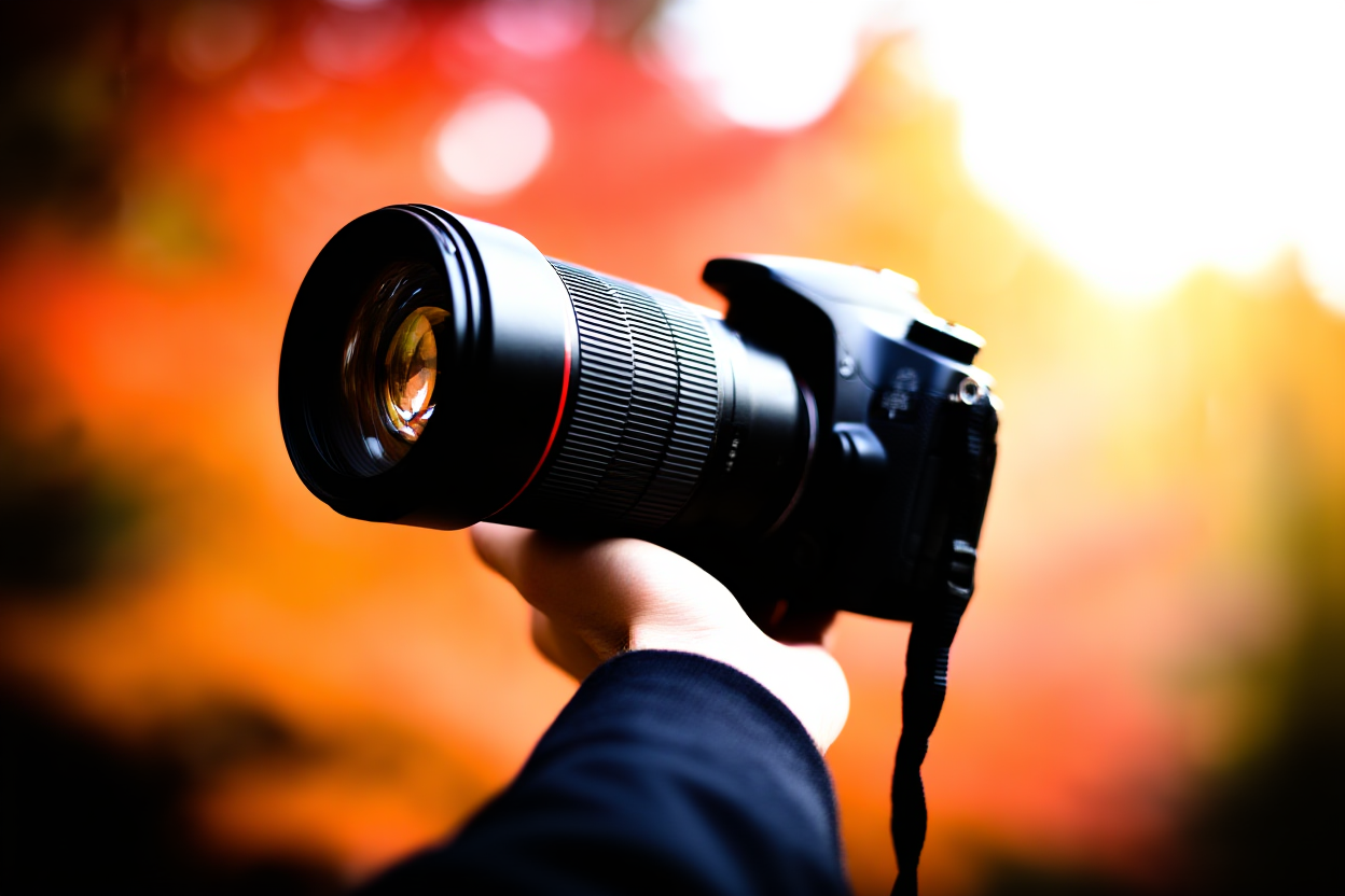 Eine Nahaufnahme einer Hand, die eine professionelle DSLR-Kamera mit einem großen Teleobjektiv hält, positioniert vor einem unscharfen Hintergrund.