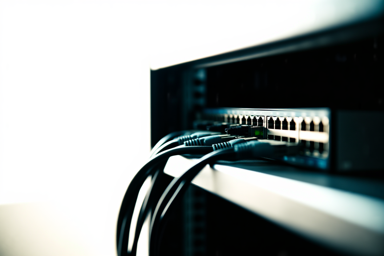 ein Bündel Kabel, die mit einem Netzwerk-Switch an einem Server-Rack verbunden sind, weiches Tageslicht, Weitwinkelaufnahme