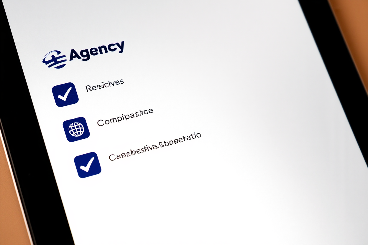 eine Checkliste auf einem Tablet mit Agenturlogos und Compliance-Häkchen