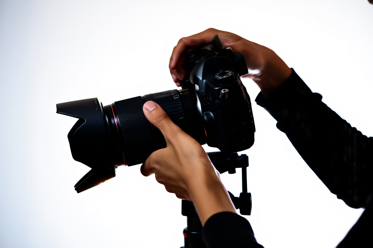 Eine Nahaufnahme der Hände eines Fotografen, die vorsichtig das Objektiv einer professionellen DSLR-Kamera auf einem stabilen Stativ einstellen