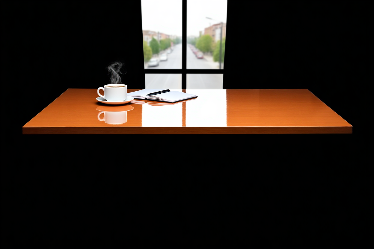 Eine Weitwinkelansicht eines aufgeräumten Homeoffice-Schreibtisches mit einer dampfenden Tasse Kaffee und einem offenen Notizbuch neben einem Fensterblick