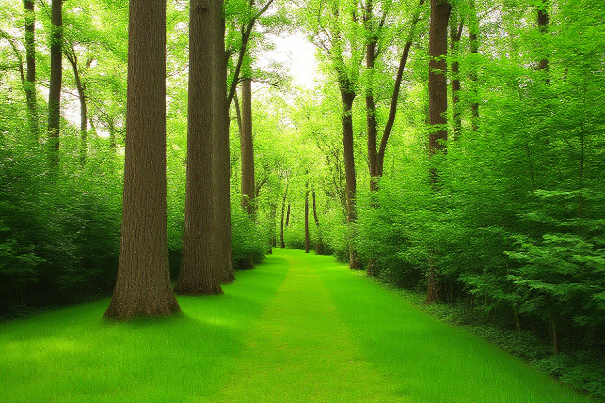 Eine ruhige Landschaftsszene, die einen üppigen grünen Waldweg zeigt, der sich durch hohe Bäume windet, wobei geflecktes Sonnenlicht hindurchfiltert
