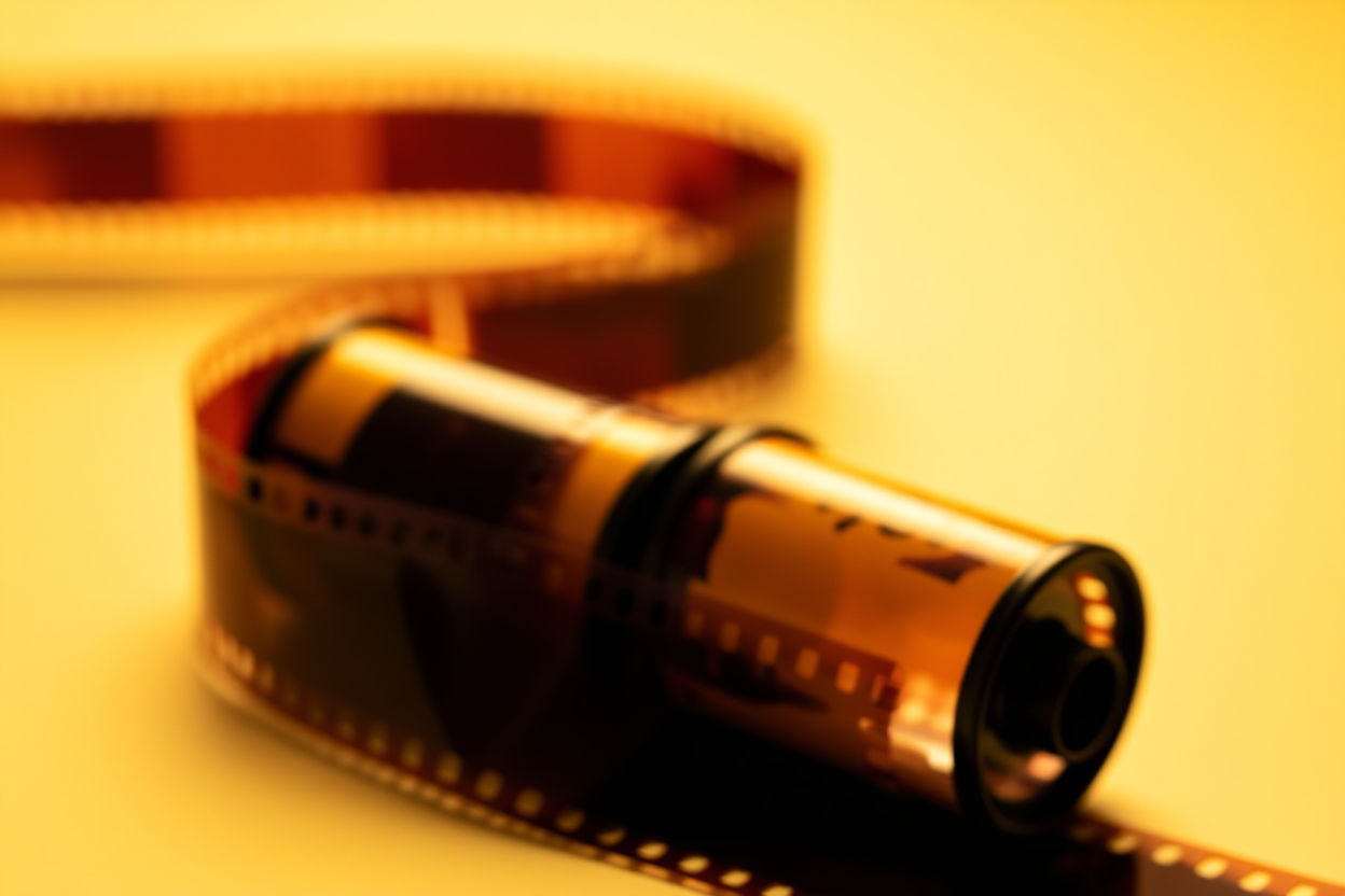 Eine detaillierte Nahaufnahme von Vintage-Filmrollen, die ordentlich auf einer Holzoberfläche angeordnet sind, wobei weiches natürliches Licht das T hervorhebt