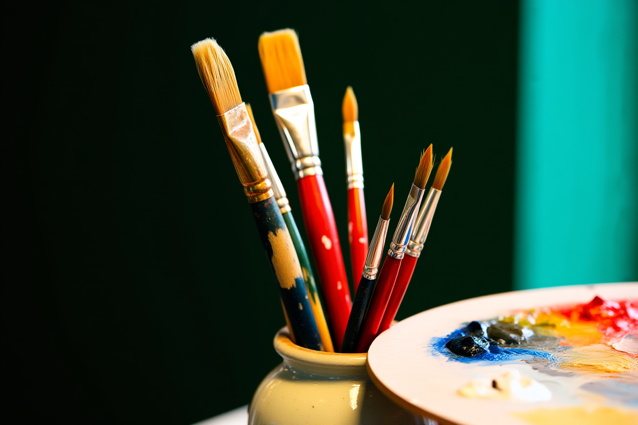 Eine Detailaufnahme von bunten Pinseln, die in einer Keramikvase neben einer Palette mit nassen Ölfarben auf einem Kunsttisch ruhen