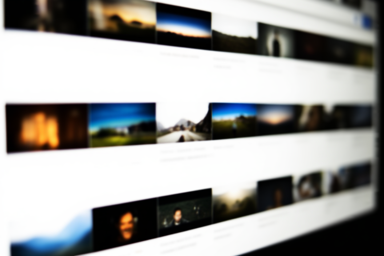 tampilan dekat berbagai thumbnail fotografi stok di monitor komputer yang menampilkan elemen antarmuka pencarian