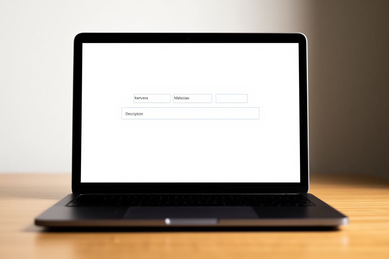 layar laptop menampilkan formulir metadata dengan bidang kata kunci dan kotak teks deskripsi di atas meja kayu