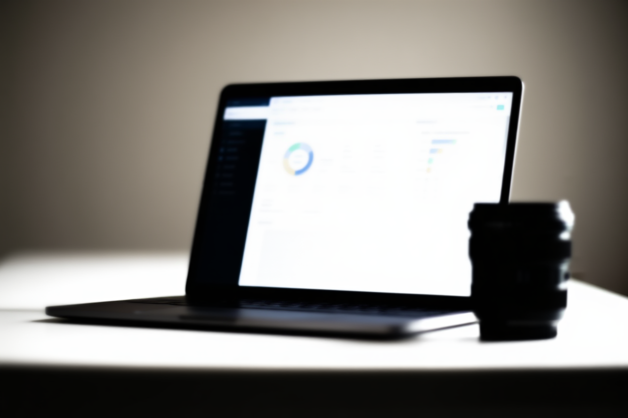 ruang kerja modern menampilkan laptop yang menampilkan dasbor analitik di sebelah lensa kamera